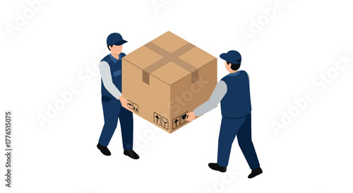 Isometric delivery workers carrying large box in uniform with safety gear