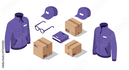Isometric delivery outfit and packaging essentials on white background