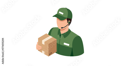 Delivery person holding package in isometric style with headset and green uniform