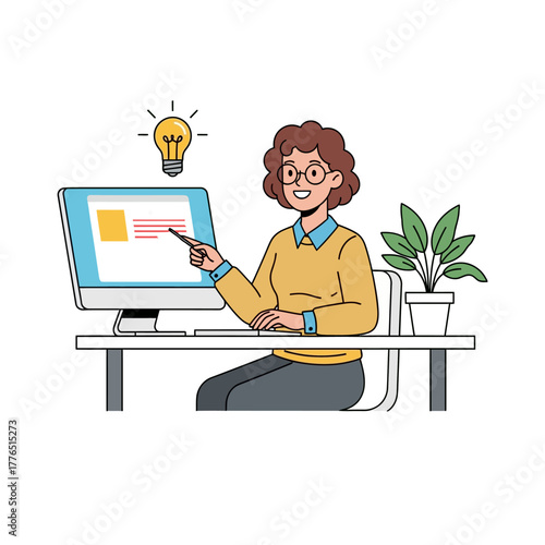 Online learning concept with teacher showing digital lesson on computer screen