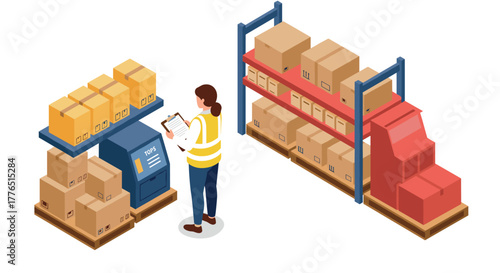 Warehouse logistics concept with worker managing inventory on digital touchpoint and shelves