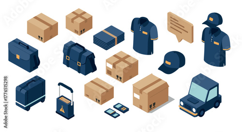 Isometric delivery and logistics elements packaging, uniforms, and vehicles in blue and brown tone