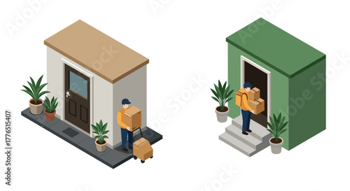 Isometric delivery workers with parcels at doorsteps in urban setting