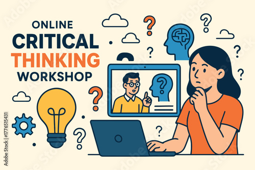 Woman learning critical thinking skills through online workshop on laptop
