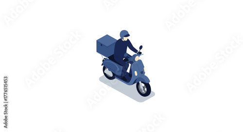 Delivery person riding scooter with package box isometric design