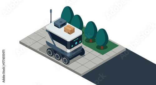 Autonomous delivery robot on city sidewalk with package isometric design