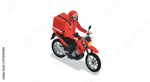 Isometric delivery rider on red motorcycle with parcel box for urban logistics concept