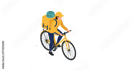 Isometric courier bicyclist in motion with yellow delivery backpack