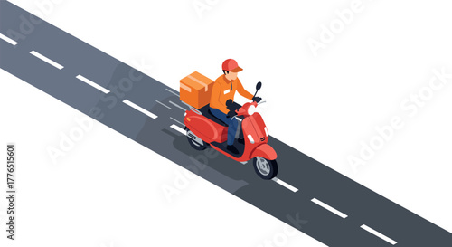 Fast delivery service on red scooter in urban scene