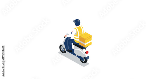 Delivery person on scooter with yellow box in isometric style
