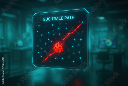 Bug trace path visualization displaying red bug icon moving along highlighted network route on futuristic transparent screen in dim cyber security lab