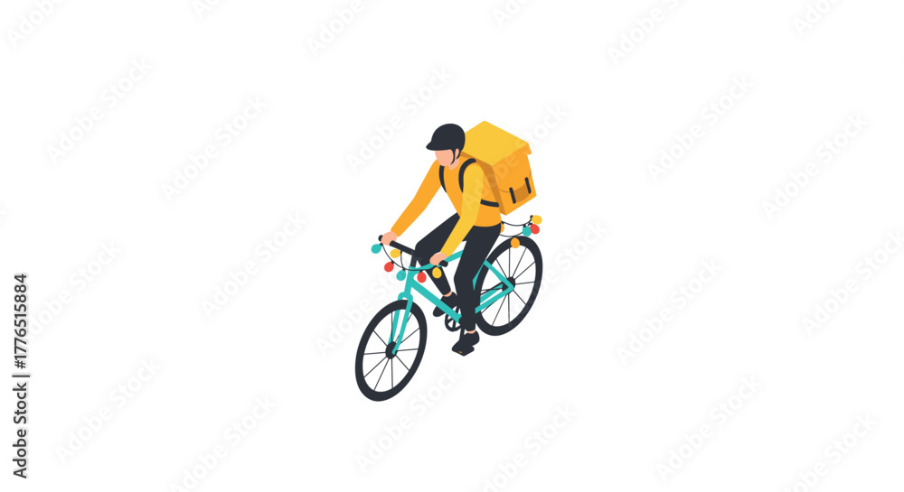 Fototapeta premium Food delivery cyclist with backpack in isometric style on white background