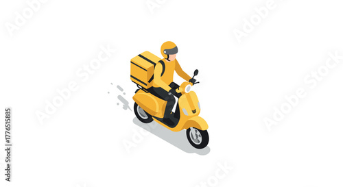 Isometric delivery rider on yellow scooter with helmet and parcel box