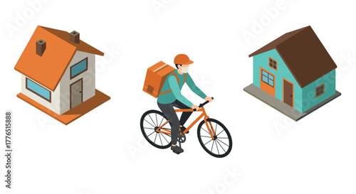 Delivery cyclist in suburban neighborhood with isometric houses