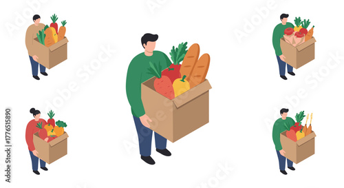 Person carrying box of fresh vegetables and bread in isometric style