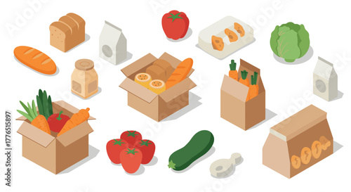 Isometric food and grocery boxes with fresh vegetables and bread
