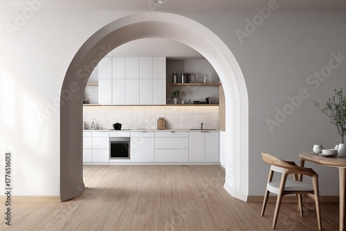 Bright Modern Kitchen With Open Arch and Natural Light in a Spacious Room