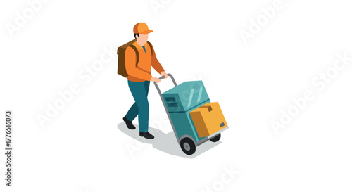 Delivery person with parcel trolley in isometric style on white background