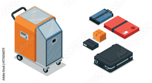 Isometric office essentials portable cart and various organizers for modern workspaces