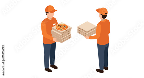 Isometric pizza delivery workers exchanging boxes in uniform