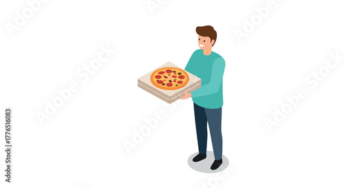 Man holding pizza box in isometric style