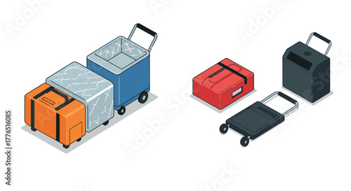 Modern isometric luggage set with trolley and suitcase designs on white background
