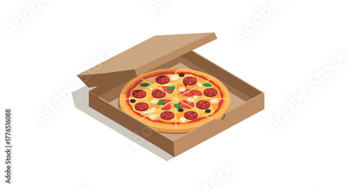 Pepperoni pizza in open box with toppings and vegetables on white background