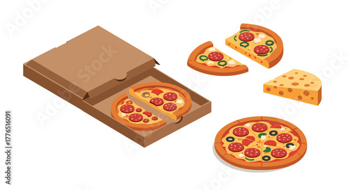 Isometric pizza set with box and slices on white background
