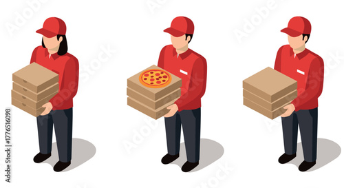 Isometric delivery people holding pizza boxes in uniform on white background