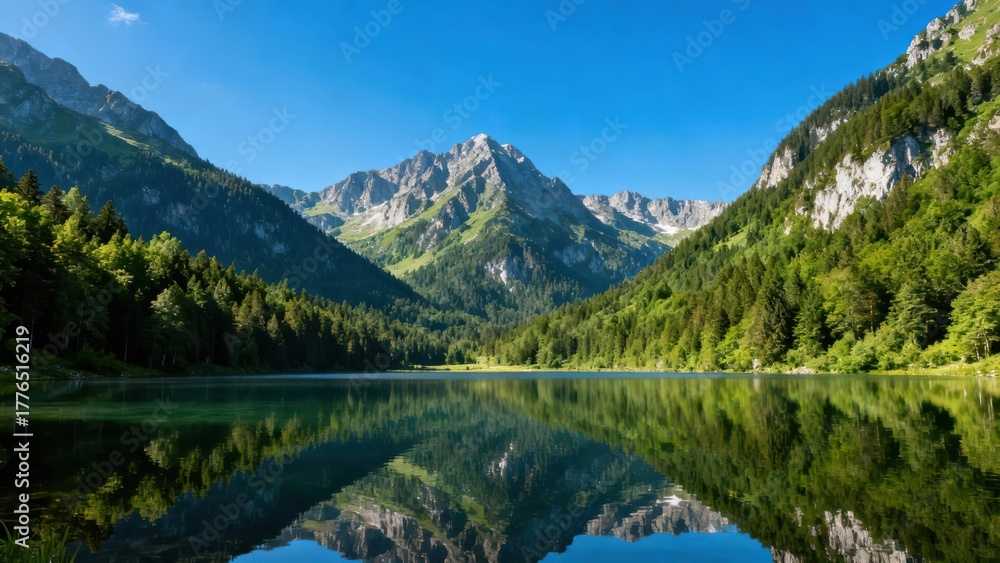 Fototapeta premium Serene mountain lake perfectly mirrors rugged peaks and dense forests under a clear blue sky