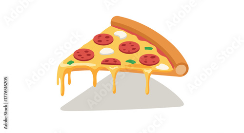 Cheesy slice with pepperoni and onions on white background