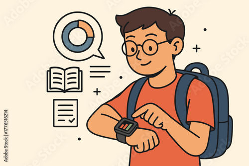 Young student with backpack checking smart watch and learning icons in a simple illustration