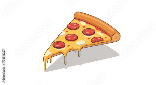 Cheesy pepperoni pizza slice with melting cheese drips on white background
