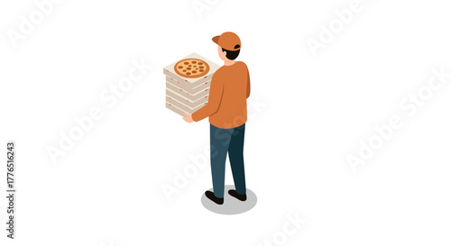 Isometric pizza delivery courier holding multiple pizza boxes