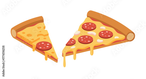 Delicious pepperoni pizza slices with melting cheese on white background