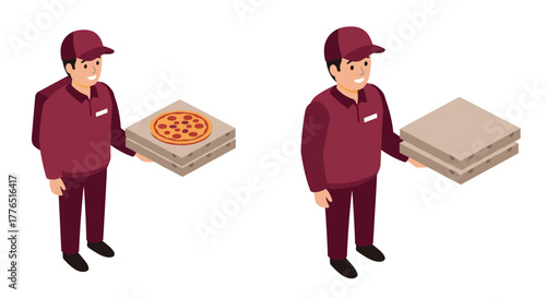 Isometric pizza delivery character with uniform and cap holding box with pepperoni