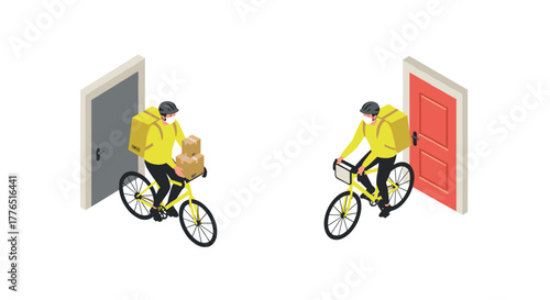 Isometric delivery cyclist with packages entering homes through open doors