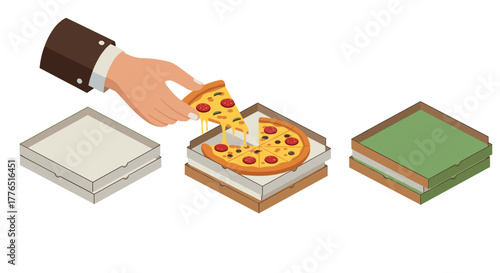 Isometric pizza delivery concept with hand taking a slice from box