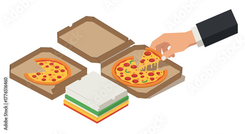 Hand taking slice from pizza box stack in isometric style