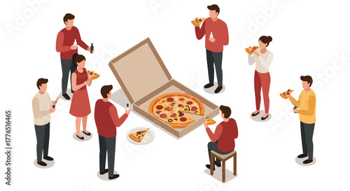 Isometric group enjoying pizza gathering with drinks in casual setting