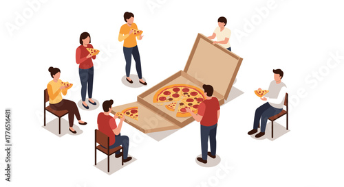 Isometric group enjoying pizza together in a casual social setting