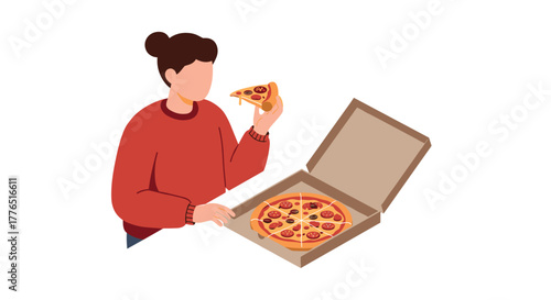 Person enjoying pizza slice from open box in flat design