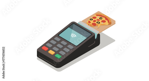 Isometric pizza slice payment concept with digital card reader