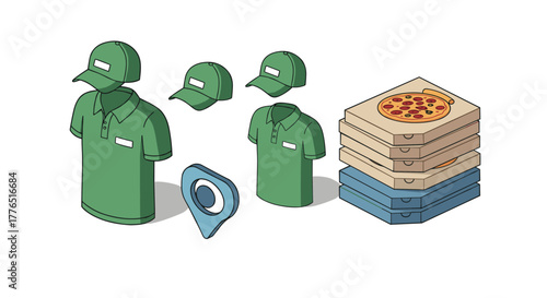 Isometric delivery uniform and pizza boxes icon set