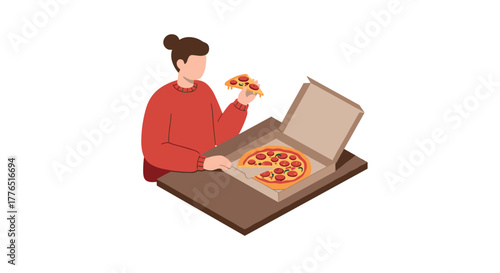 Person enjoying pizza slice from open box on table in minimalist style