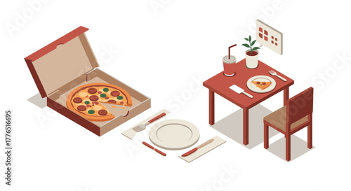 Isometric pizza scene with dining table and takeout box in modern style