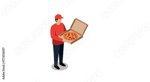 Isometric pizza delivery person holding pizza box on white background