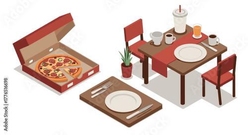 Cozy dining scene with isometric pizza box and table setting