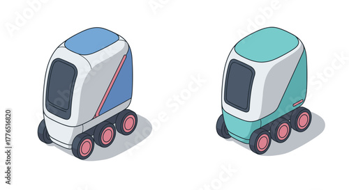 Isometric autonomous delivery robots in minimalist style on white background