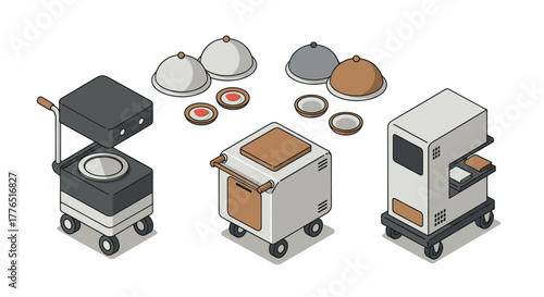 Modern isometric kitchen robots and cooking equipment in minimalist style